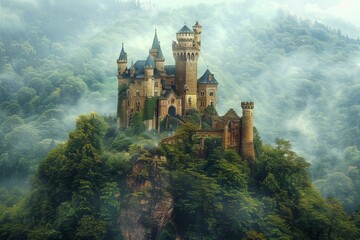 Castle on a hill with misty sky