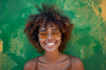 Happy black woman with modern style on green background