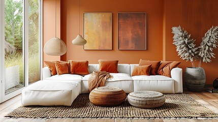 A modern living room with a white sofa adorned with orange cushions.