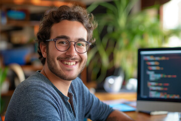 Happy young programmer smiling while working remotely from home