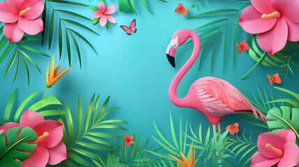 Pink flamingo on a blue background, surrounded by palm leaves, butterflies and exotic plants. Creative art design of beautiful vibrant wild bird. Summer tropical illustration with Phoenicopterus.