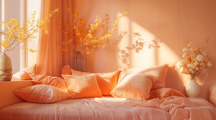 A cozy bedroom with a bed adorned with peach-colored pillows and sheets.
