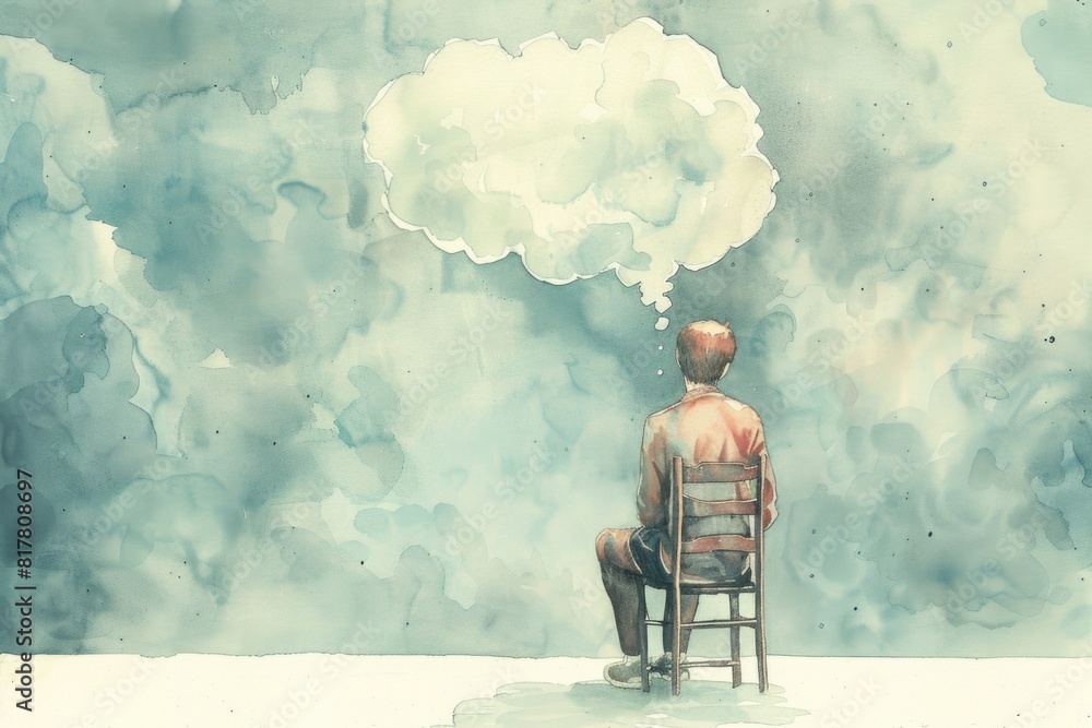 Poster a man sitting in a chair with a thought bubble above his head. suitable for illustrating brainstormi