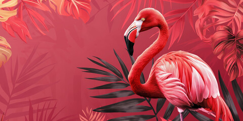 American flamingo on a red background, surrounded by palm trees and exotic plants, creative art design. Beautiful vibrant wild pink flamingo. Wildlife portrait of a Phoenicopterus.
