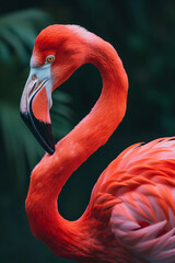 American flamingo close up photography. Beautiful vibrant wild pink flamingo in a tropical water, surrounded by palm trees and exotic plants. Wildlife portrait of a Phoenicopterus.