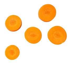 Top view set of fresh beautiful orange carrot slices or pieces scattering isolated with clipping path in png file format