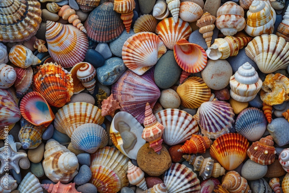 Poster a pile of shells on top of a pile of rocks. suitable for marine-themed designs