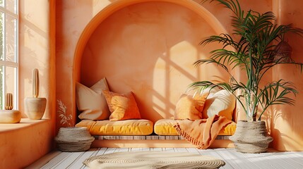 A cozy, sunlit nook with orange cushions and pillows, surrounded by potted plants and natural decor.