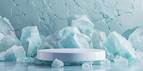 A podium for the presentation of products on a background of blue ice