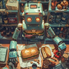 Retro robot making sandwich in the kitchen.