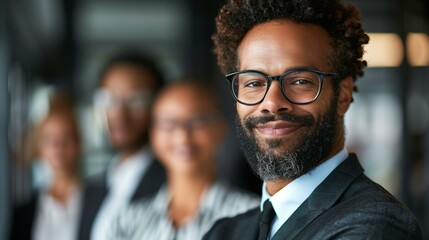 Bearded black man wearing glasses suit with colleagues in background