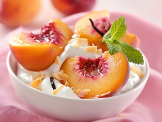 Fresh peaches with whipped cream and almond