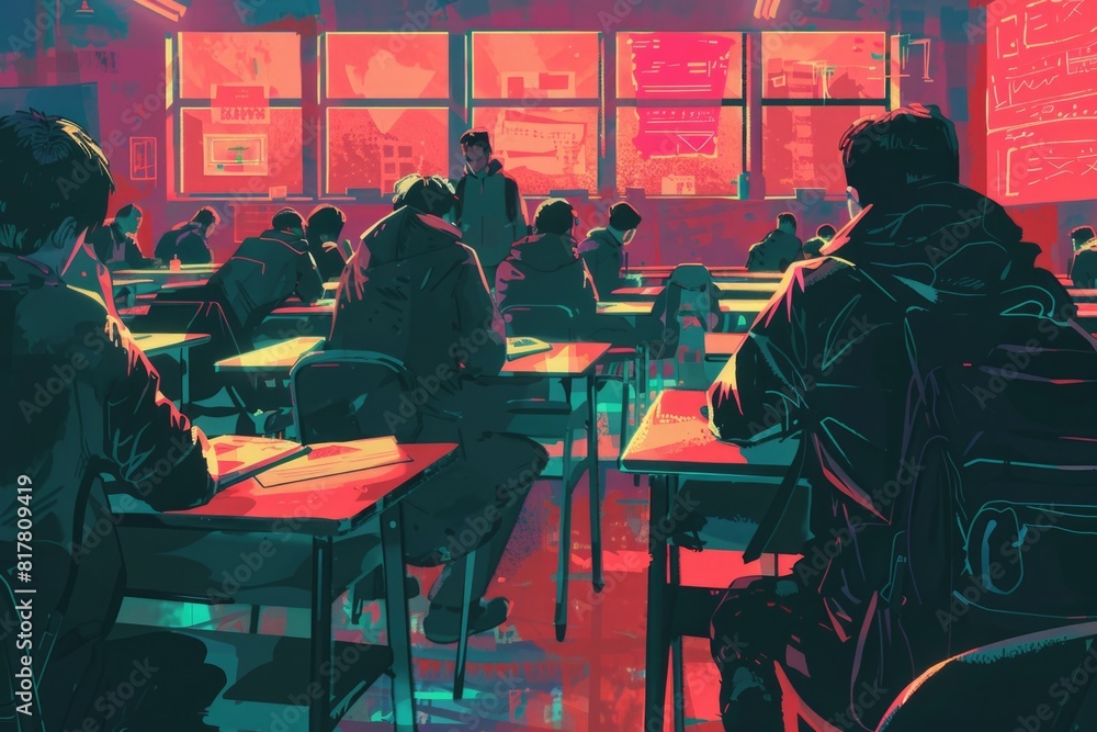 Poster a group of people sitting at desks in a classroom. suitable for educational concepts