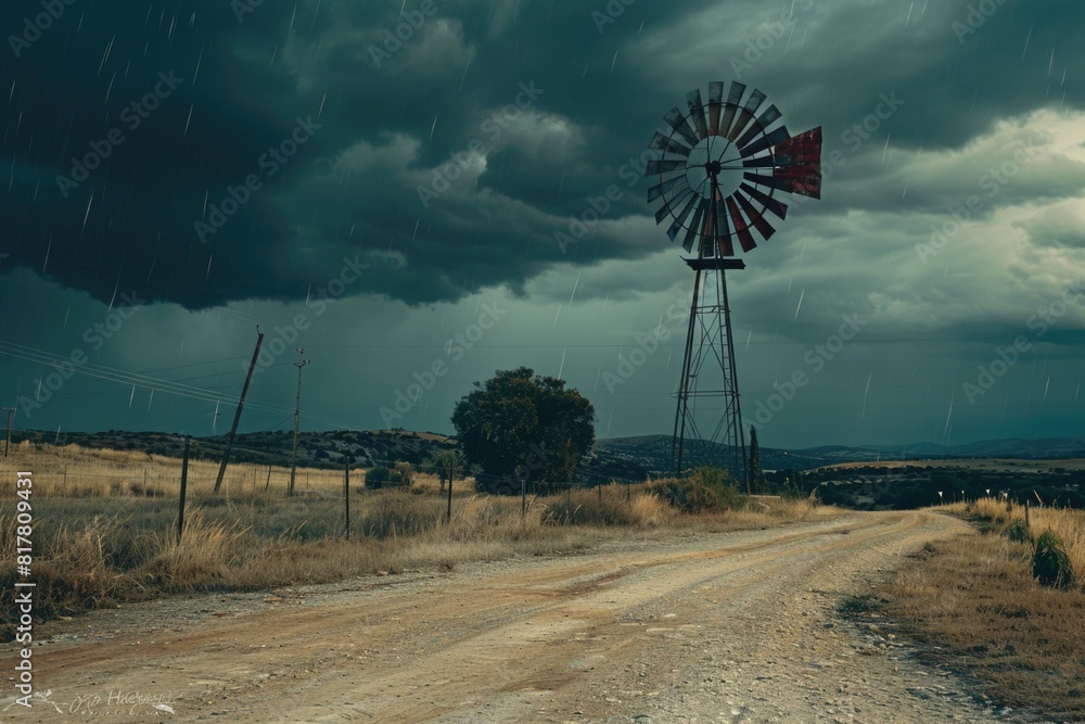 Poster scenic view of a windmill on a dirt road under a cloudy sky. suitable for travel brochures or renewa