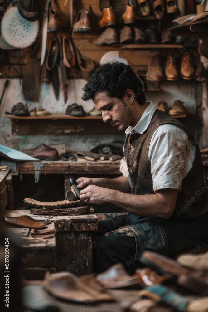 Poster a man working on a piece of wood in a workshop. suitable for woodworking and craftsmanship concepts