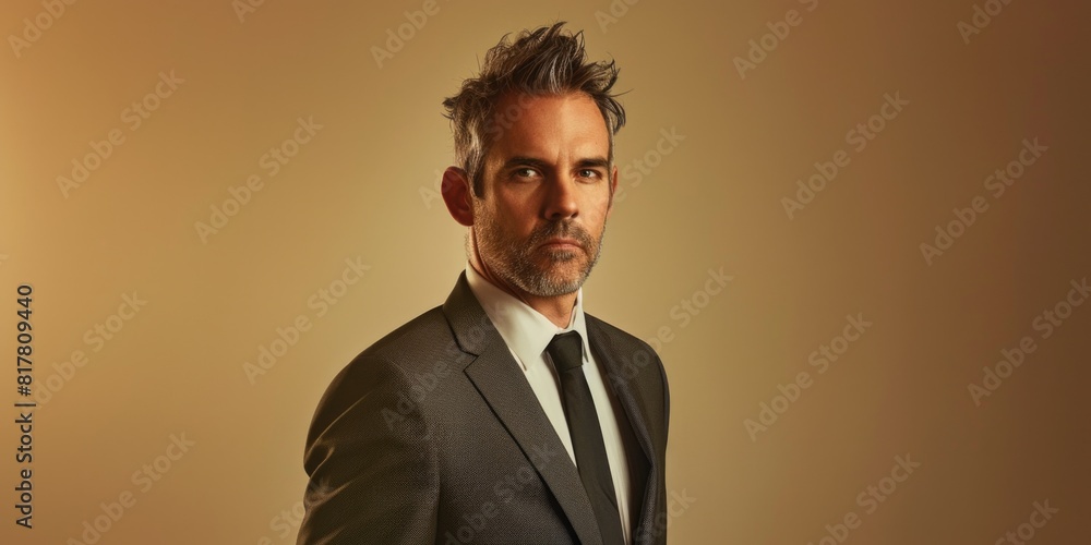Poster a man in a suit and tie posing for a picture. suitable for business and professional concepts
