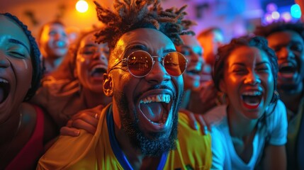 Diverse sports fans watch football matches on TV at home. Celebrate shouting excitedly