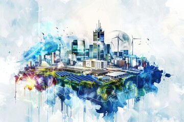 A painting of a bustling city with numerous buildings. Suitable for urban themes