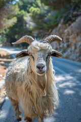 Fototapeta premium A goat standing on the side of a road. Suitable for various outdoor and rural themes