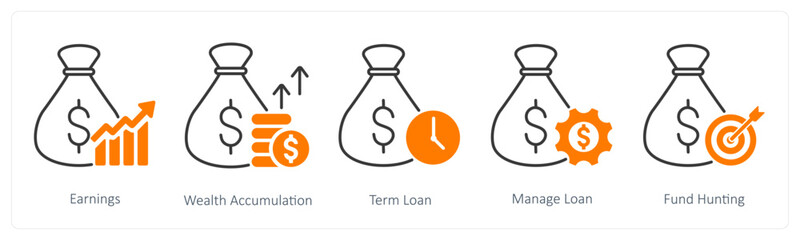 A set of 5 Banking icons as earnings, wealth accumulation, term loan
