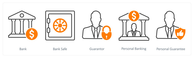 A set of 5 Banking icons as bank, bank safe, gurantor