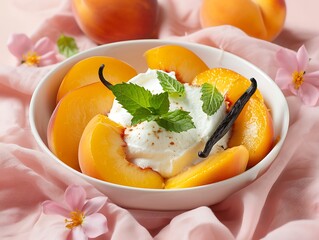 Fresh peach slices with whipped cream and mint garnish