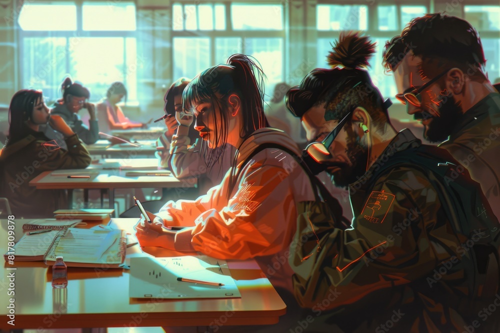 Poster a group of people sitting at desks in a classroom. suitable for educational concepts