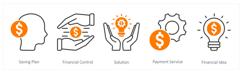 A set of 5 Banking icons as saving plan, financial control, solution