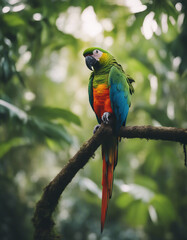 Obraz premium portrait of A vibrant parrot perched amidst the dense rainforest, echoing calls of the wild 
