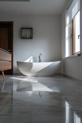 Fototapeta na wymiar A white bath tub sitting in a bathroom, perfect for home improvement projects