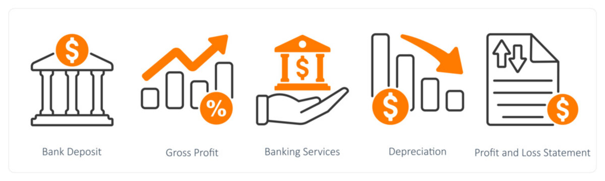 A set of 5 Banking icons as bank deposit, gross profit, banking services
