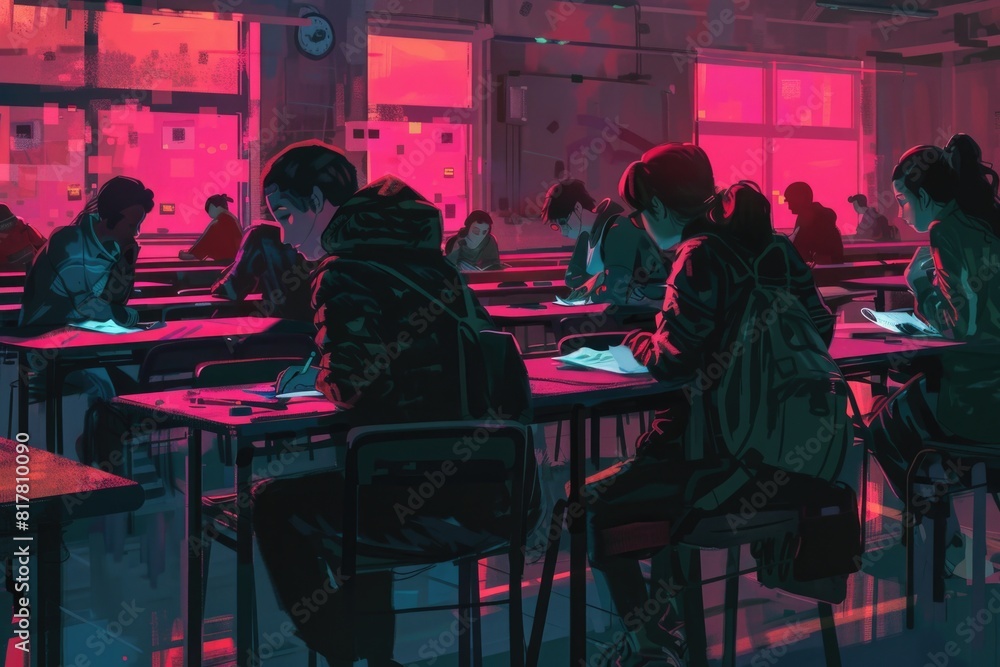 Poster a group of people sitting at desks in a classroom. suitable for educational concepts