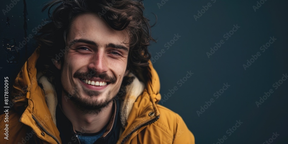 Poster A man in a yellow jacket smiling for the camera. Suitable for commercial use