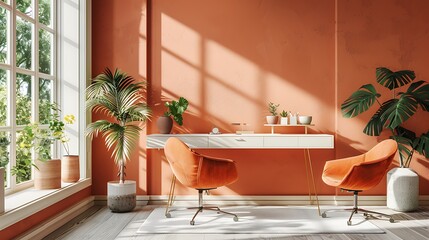 A modern home office with orange walls, two orange chairs, a white desk, and various plants.