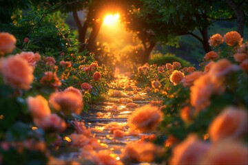 Rose garden pathway with glowing sunlight