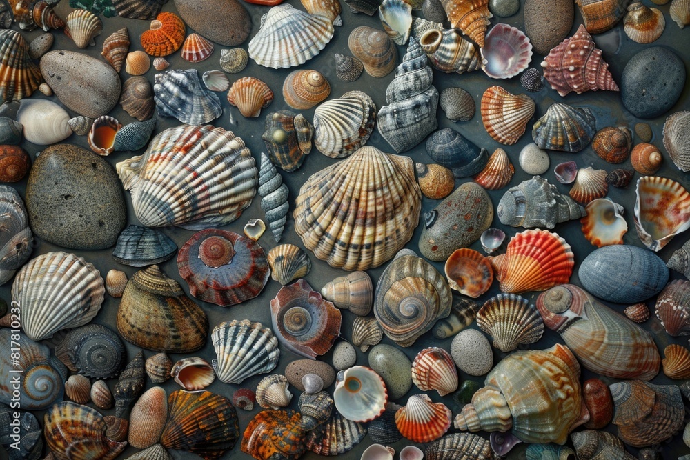 Poster a bunch of shells scattered on the ground, suitable for various nature or beach-themed projects