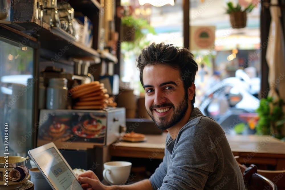 Poster a man sitting at a table with a laptop. suitable for business or technology concepts