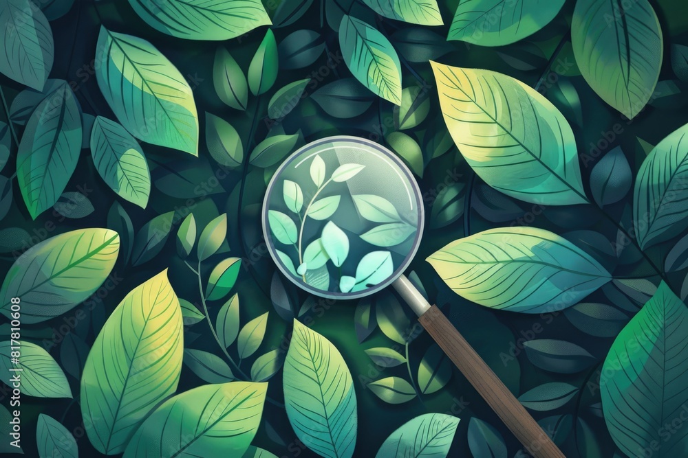 Poster a magnifying glass with green leaves in the background. suitable for environmental and nature concep