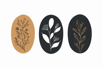 Three detailed oval illustrations of various plants. Great for botanical designs or educational materials