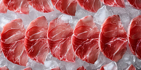 close up of raw meat slices arranged in rows on an ice plate, generative AI
