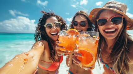 Happy friends having fun with tropical cocktails on beach party. Travel and summer vacation concept.
