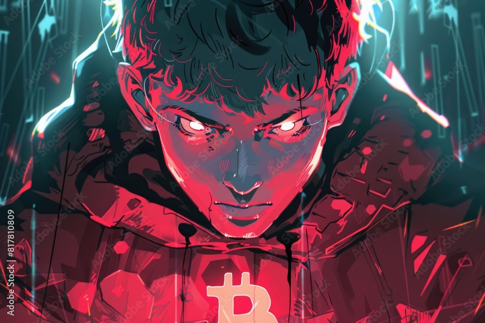 Poster a man proudly displaying a bitcoin symbol on his chest. ideal for cryptocurrency and finance concept
