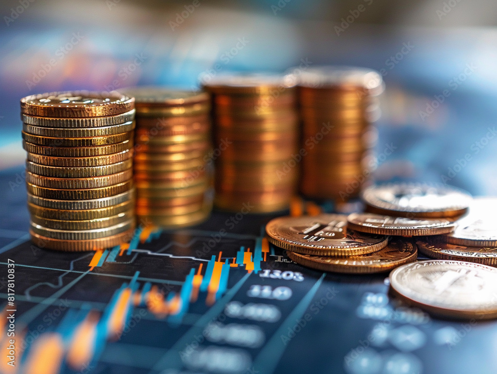 Poster stacked coins with financial data graph