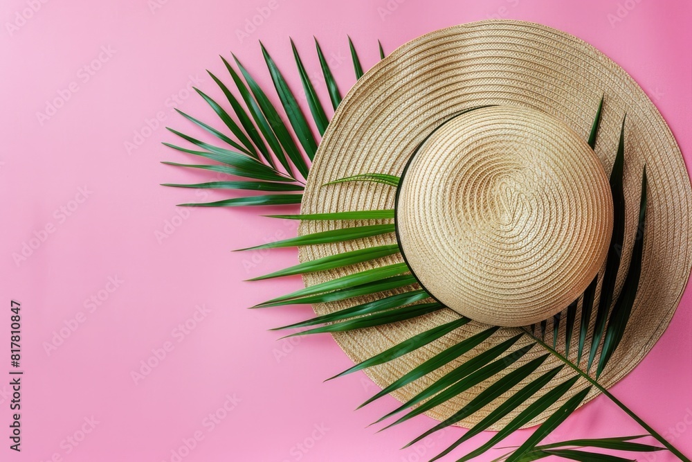 Sticker Stylish straw hat with palm leaves design on a vibrant pink background. Perfect for summer fashion concepts