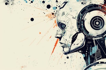 A colorful painting of a robot wearing headphones. Ideal for technology or music related projects