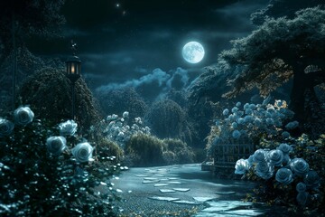 Enchanted nighttime garden with full moon