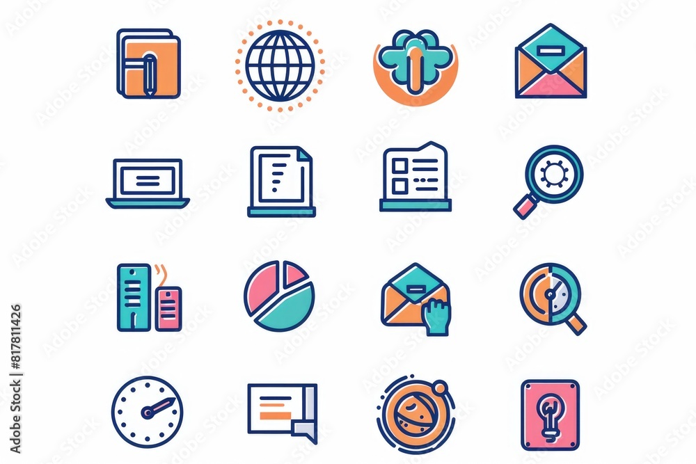 Poster various colored icons on a clean white background. suitable for use in presentations or digital desi