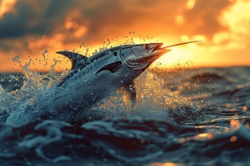 Fototapeta premium Swordfish leaping out of the ocean, ideal for seafood restaurant promotions. 