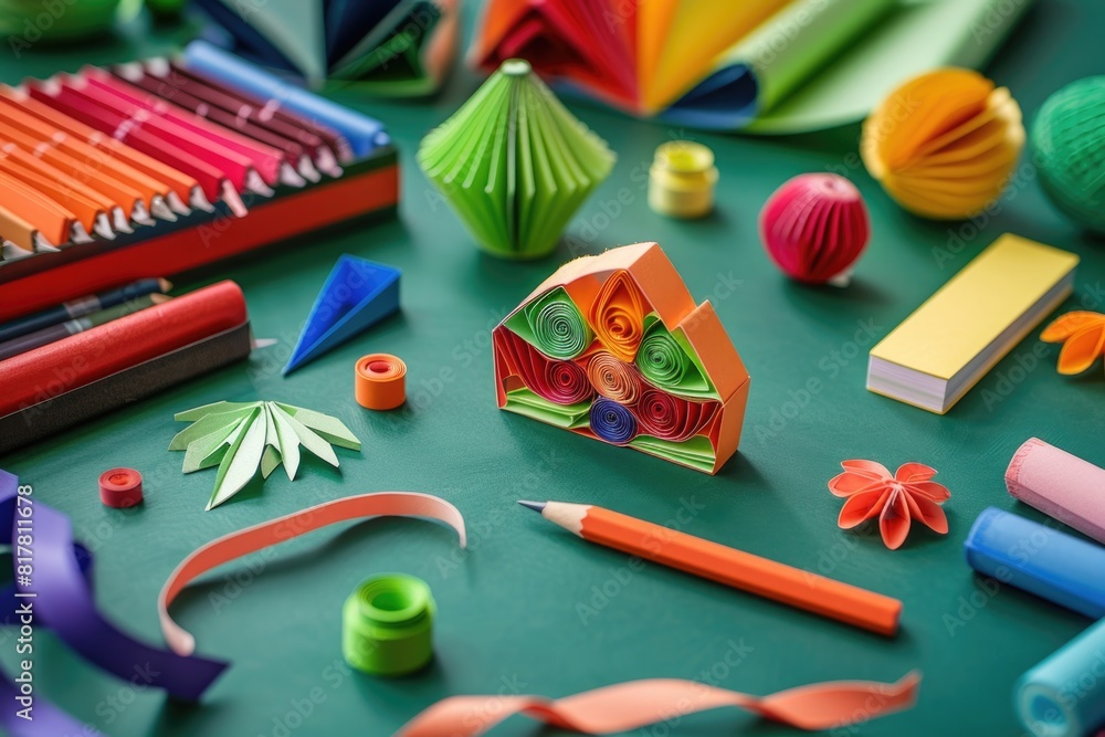 Poster various colored paper items displayed on a table, suitable for office or art concepts
