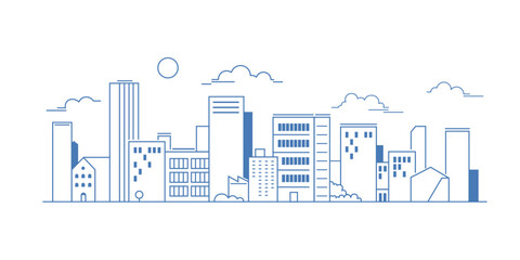 City landscape with buildings. Outline graphic.